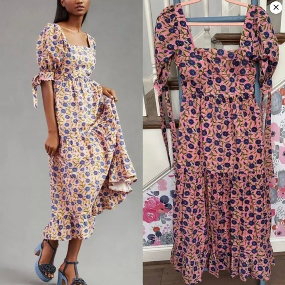 Eddy Barbara Square Neck 100% BCI Cotton Dress Pale Magenta & Indigo Floral 16